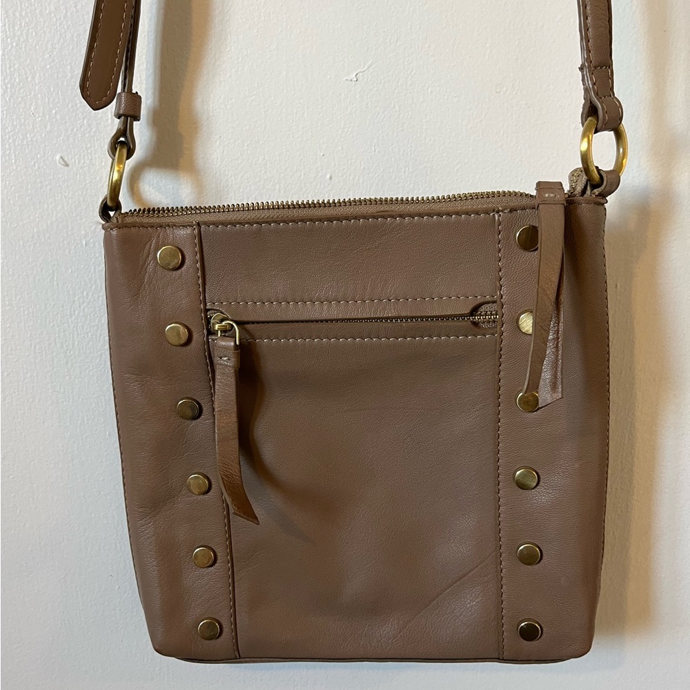 Light brown mocha faux leather crossbody purse with gold studs C+C California